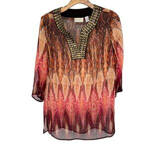 Chico's 1 semi Sheer Tunic Top Beaded Neckline 3/4 sleeve Size medium